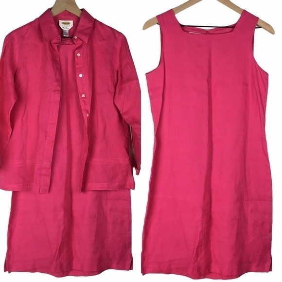 TALBOTS 100% Irish Linen Vintage Dress + Jacket Set  Hot Pink Petite Size 4P - Picture 1 of 16
